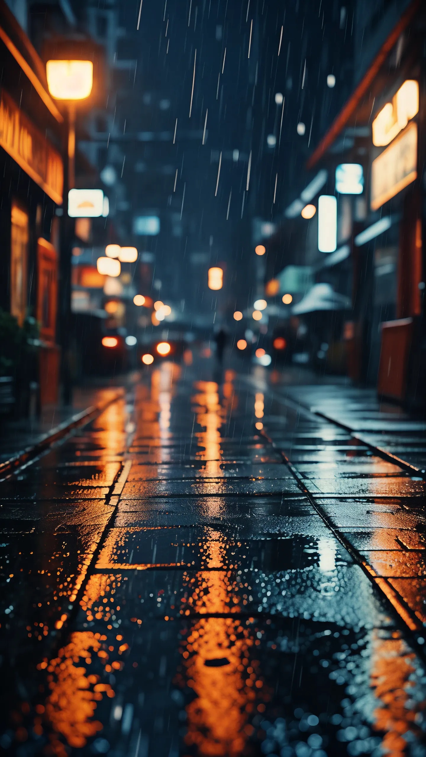 轻雨场景图：细雨中的宁静街道，灯光在水面上反射出温暖光芒，营造放松氛围
