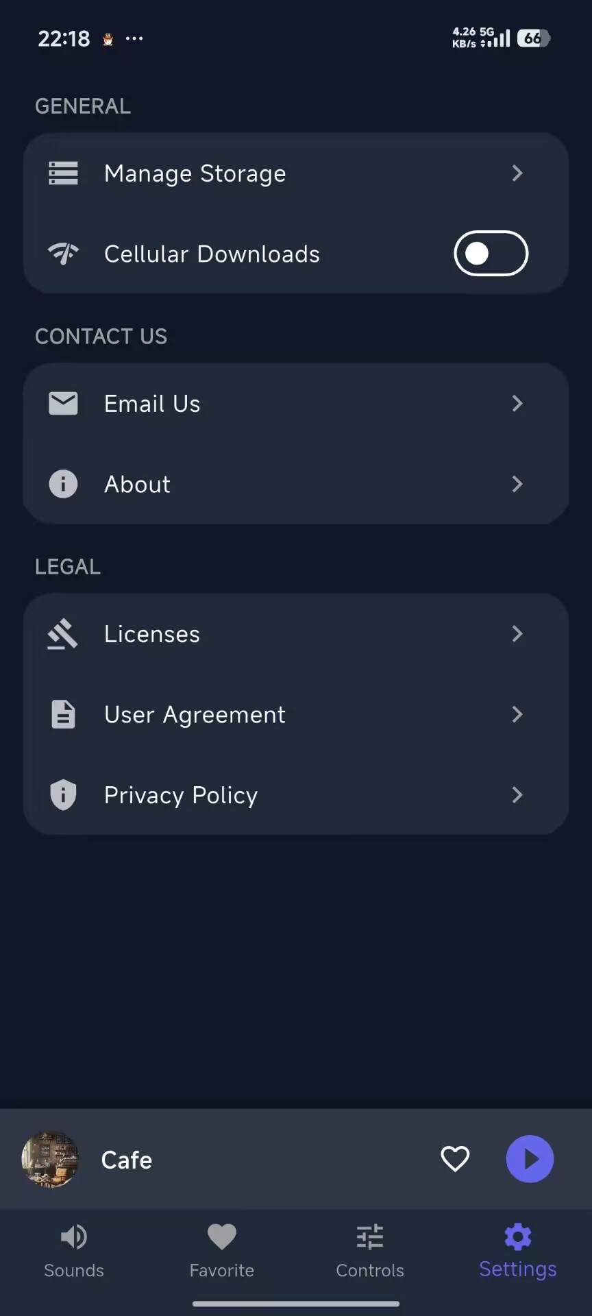 Deep Sounds : X 设置界面 - 显示存储管理、订阅服务、联系支持与法律条款等选项