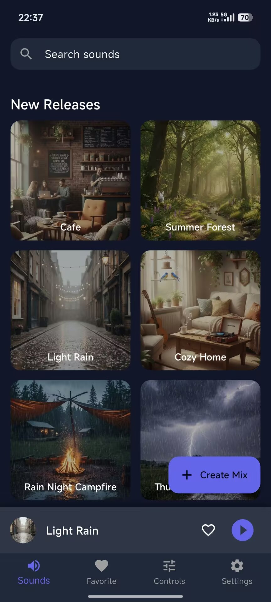 Deep Sounds : X 主界面 - 展示声音库中的多种自然音效场景，包括轻雨、咖啡馆、夏日森林等选项